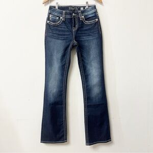 MISS ME Mid-Rise Curvy Boot Size 25 Dark Wash Rhinestone Faded Jeans NWT